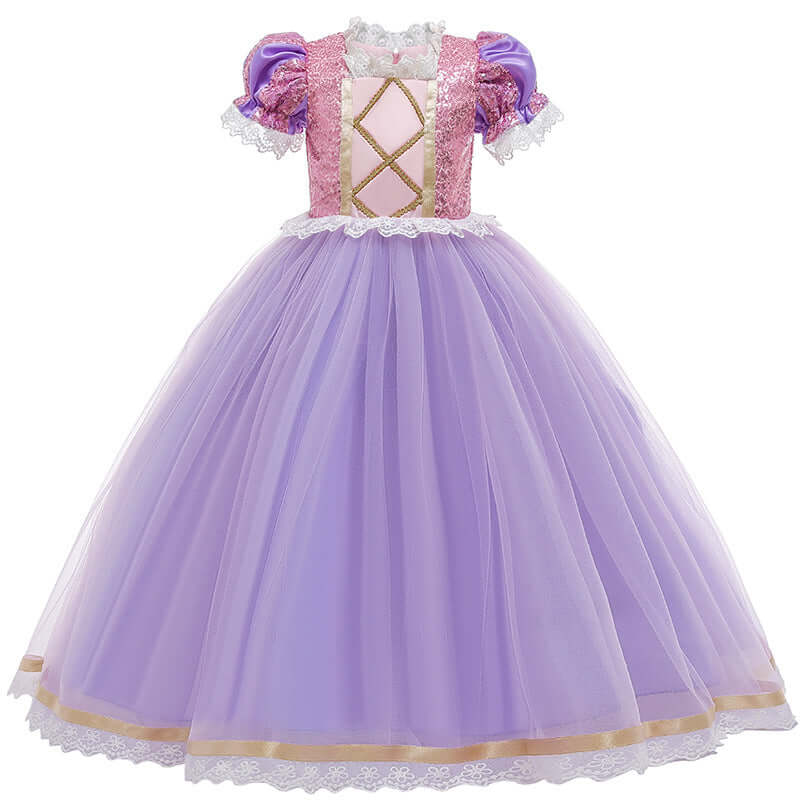 Beautiful purple princess dress for kids with lace details and puffy sleeves