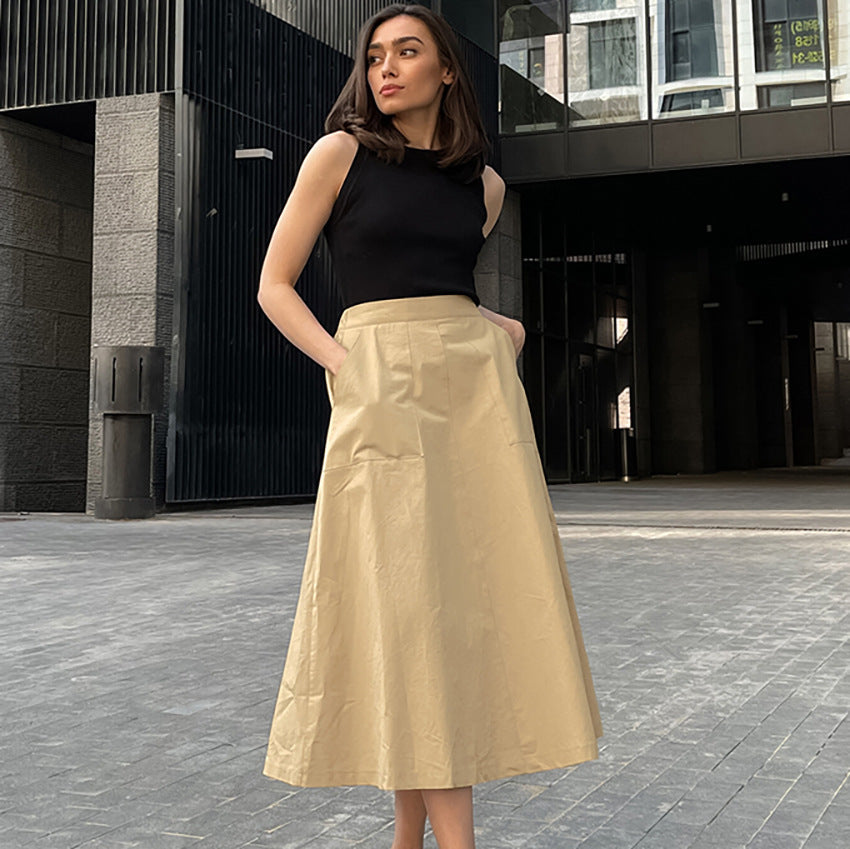 Elegant Pure Cotton High Waist Simple Solid Skirt Minority All-match Loose Long Dress