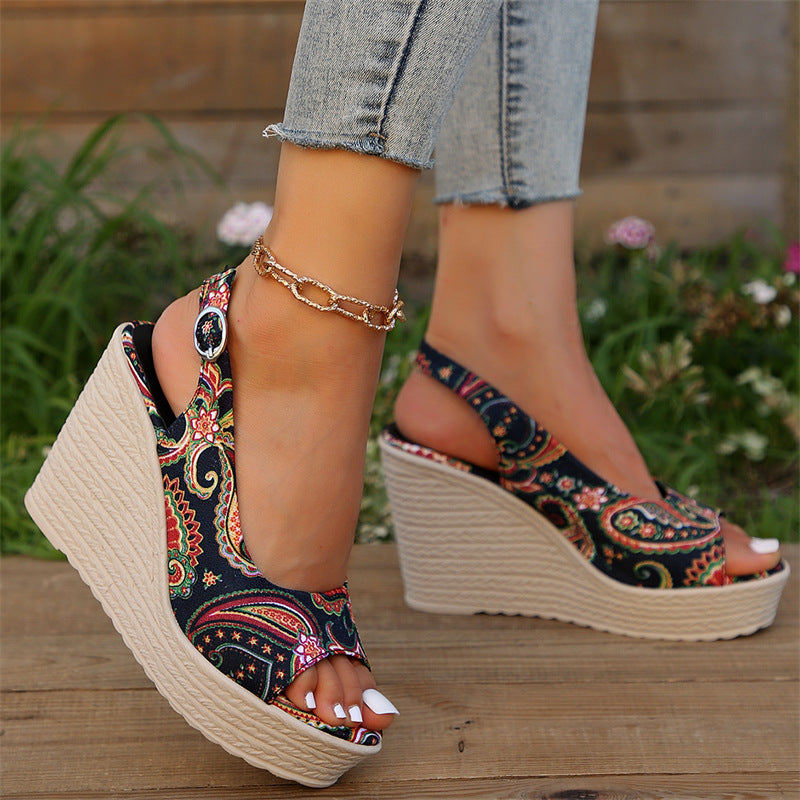 Ankle-strap Buckle Peep Toe Wedge Platform Printed Women's Sandals