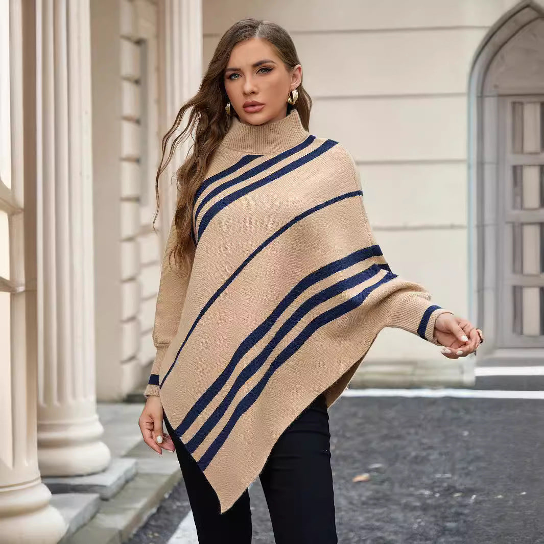 Half Turtleneck Pullover Sweater Striped Batwing Sleeve Shawl