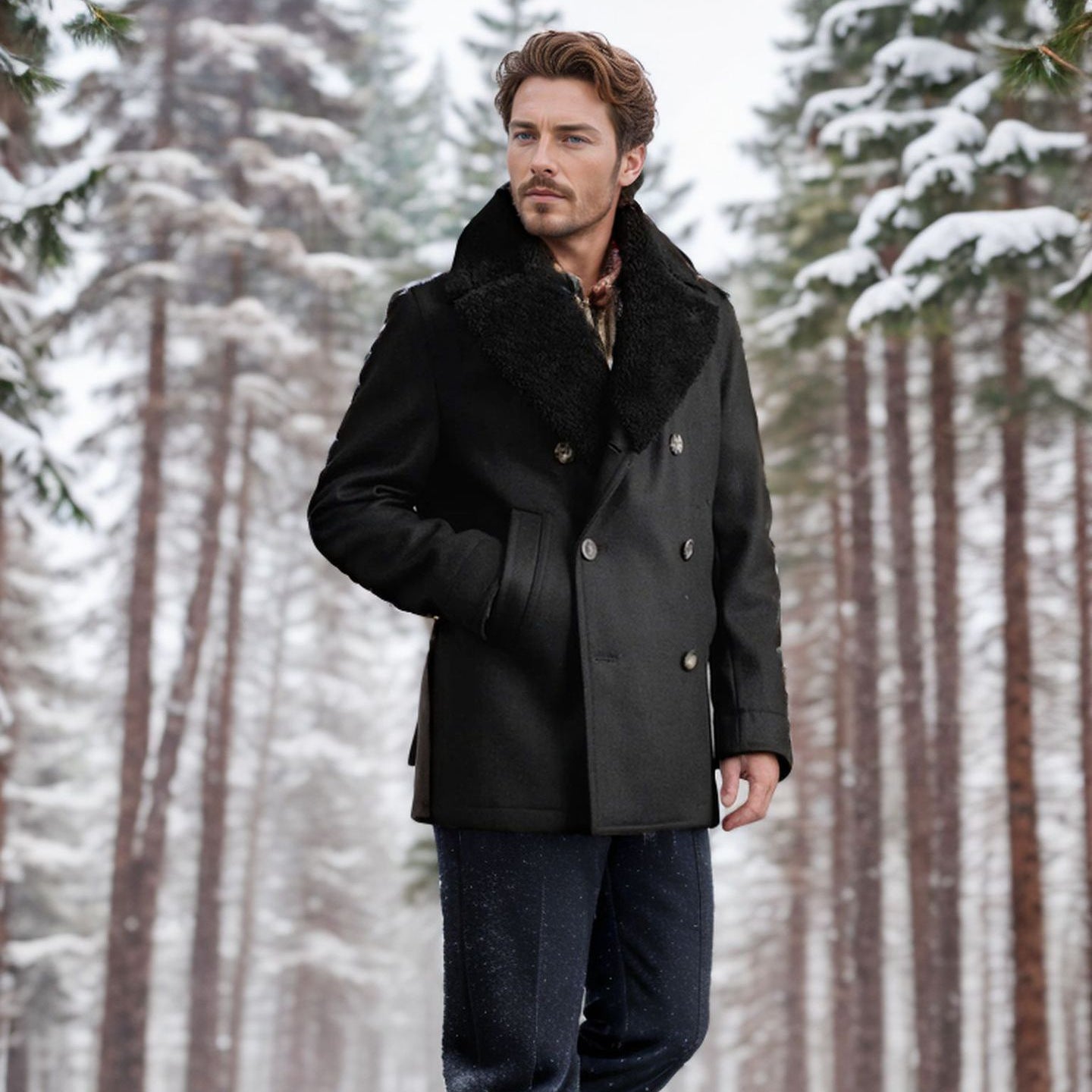 Men's woolen coat with double breasted cotton cashmere jacket