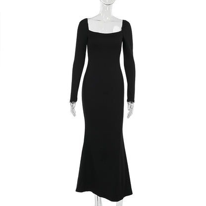 YJ24363 Square Collar Slimming Elegant Black Dress Women