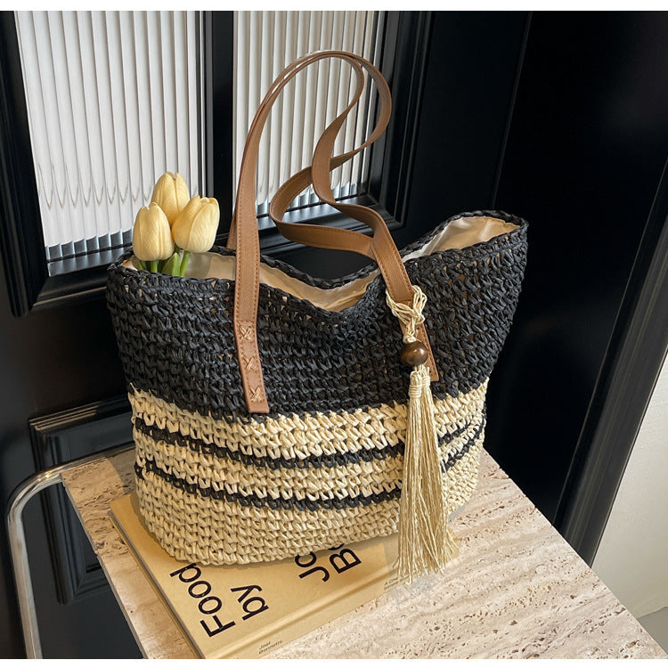 New Niche Contrast Color Large Capacity Woven Bag