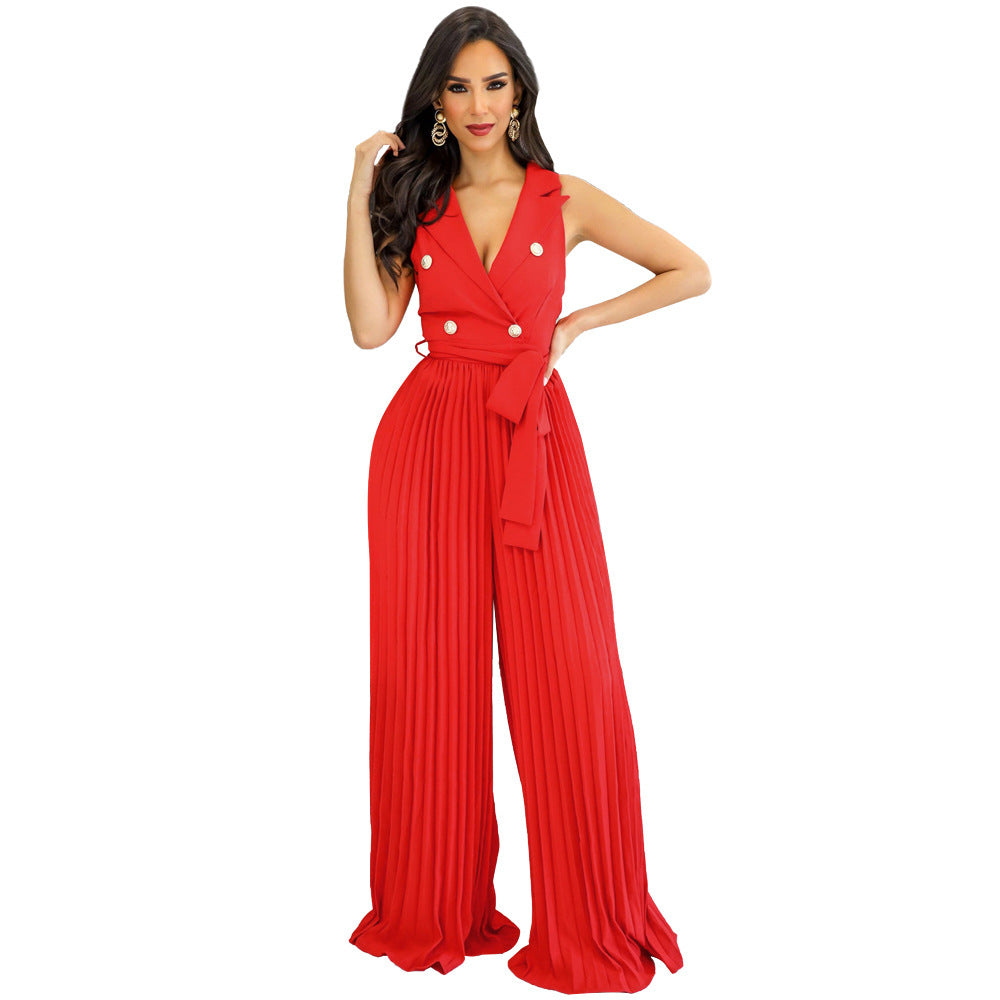 European And American Spring And Summer V-neck Sleeveless Backless Temperament Street Pleated Wide Leg Jumpsuit