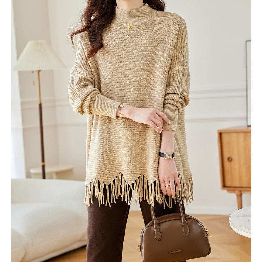 Mid-length Tassel Cape Sweater Half Turtleneck Autumn Winter Sweater