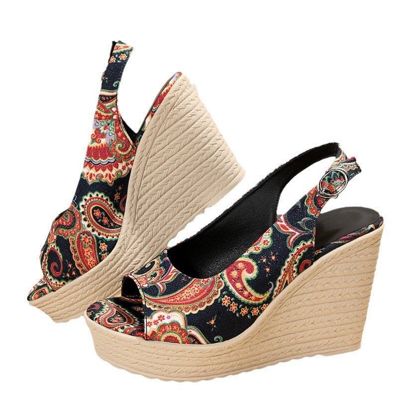 Ankle-strap Buckle Peep Toe Wedge Platform Printed Women's Sandals