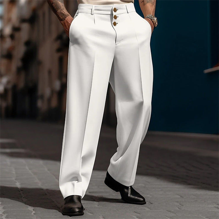 Men's Formal Wear Button Solid Color Loose Straight Comfortable Trousers