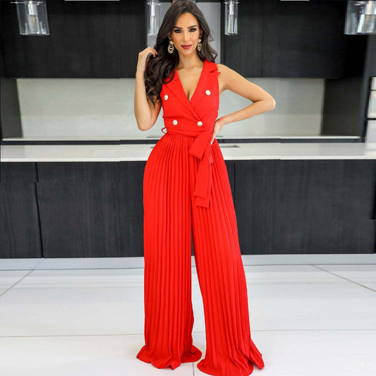 European And American Spring And Summer V-neck Sleeveless Backless Temperament Street Pleated Wide Leg Jumpsuit