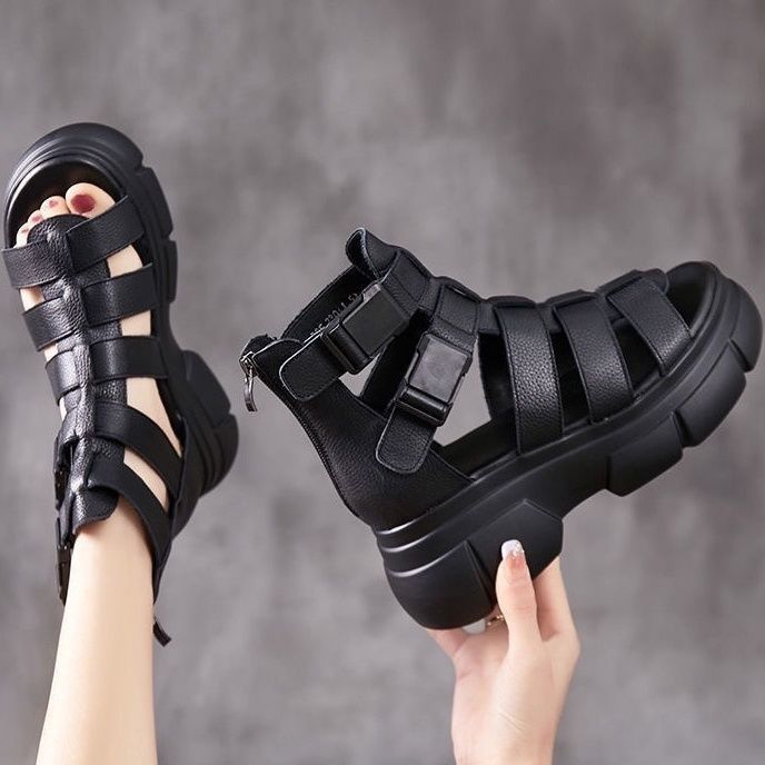 Female Leather Hollow-out Platform Retro Stylish Women's Sandals