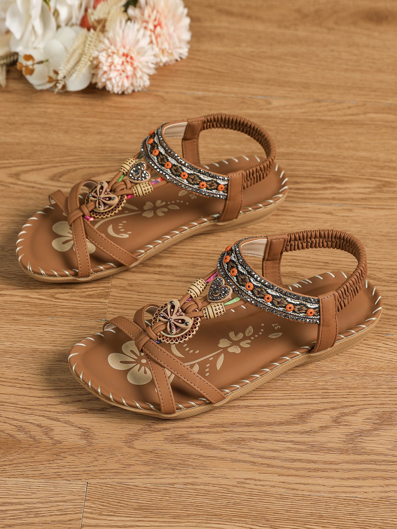 Women's Large Size Flat Bottom Flower Rhinestone Sandals