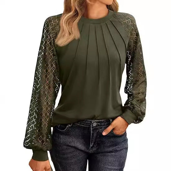 Women's Lace Patchwork Round Neck Pleated Long Sleeve Top