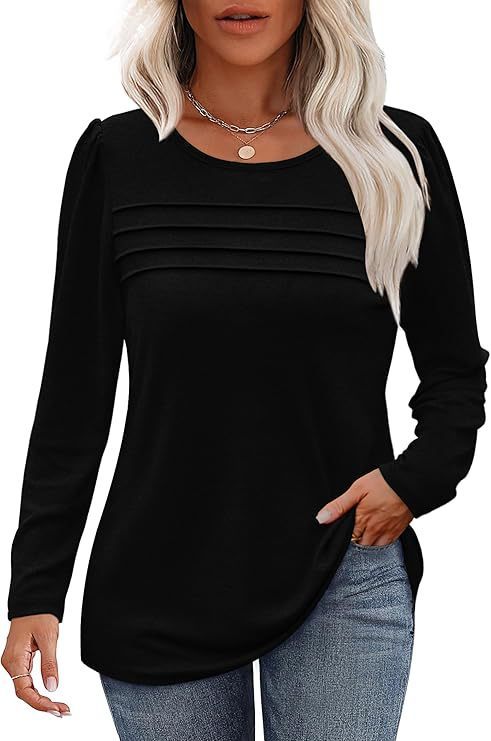 Women's Loose Round Neck Pleated Long-sleeved T-shirt