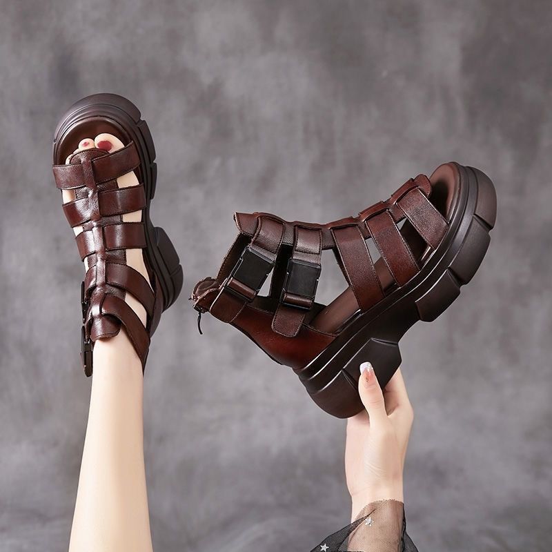 Female Leather Hollow-out Platform Retro Stylish Women's Sandals