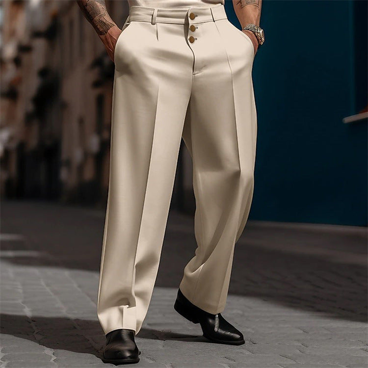 Men's Formal Wear Button Solid Color Loose Straight Comfortable Trousers