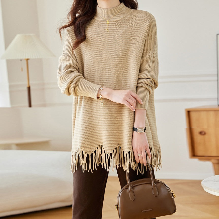 Mid-length Tassel Cape Sweater Half Turtleneck Autumn Winter Sweater