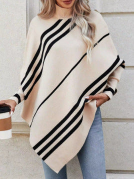 Half Turtleneck Pullover Sweater Striped Batwing Sleeve Shawl