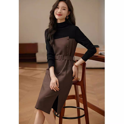 Fake Two Pieces Dress Contrast Color Slim Fit Stitching