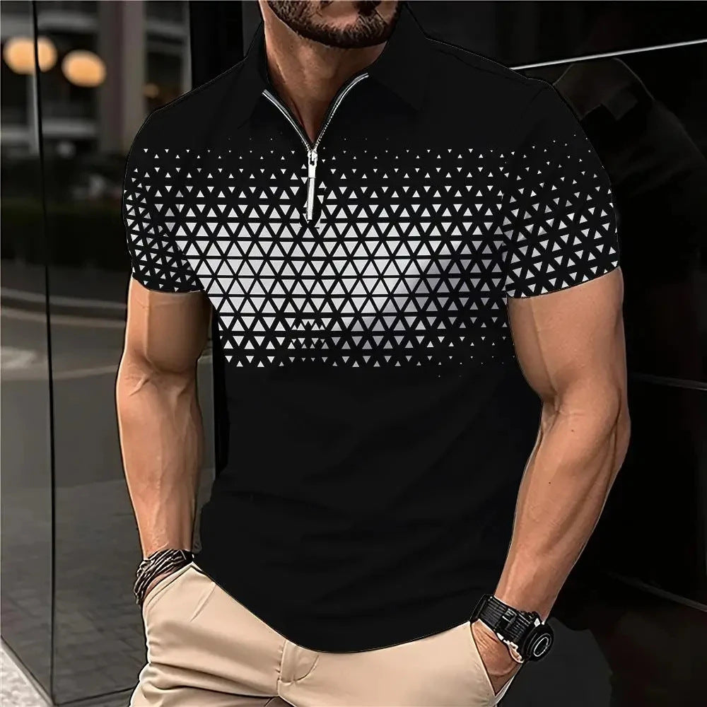 Men's Retro Fashion Plaid Pattern 3D Casual Zipper Lapel Short Sleeve