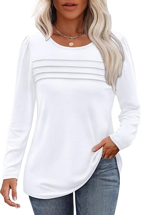 Women's Loose Round Neck Pleated Long-sleeved T-shirt