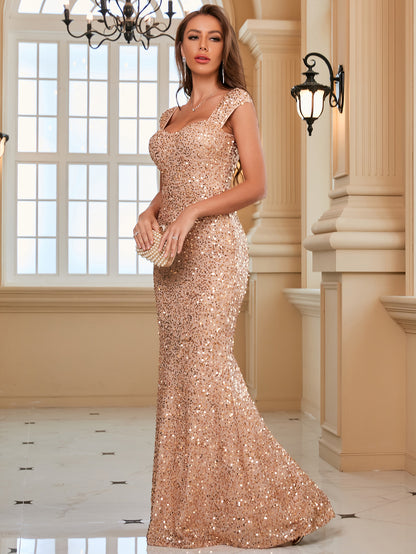 Sequin Sling Mid Waist Party Evening Dress Long Mop Dress