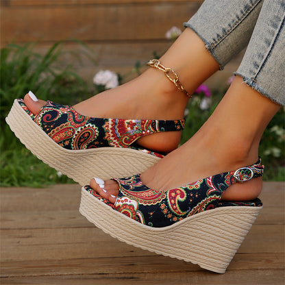 Ankle-strap Buckle Peep Toe Wedge Platform Printed Women's Sandals