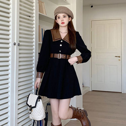 Corduroy Retro Long Sleeve Waist Dress