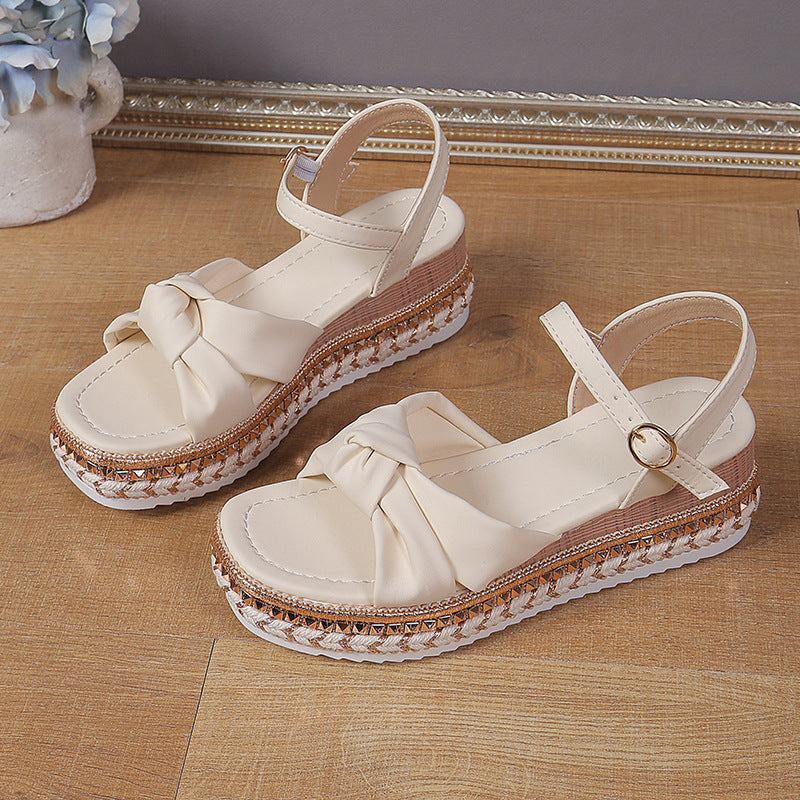 Fashion Flat Hemp Rope Open Toe Sandals With Buckle Cross Bow