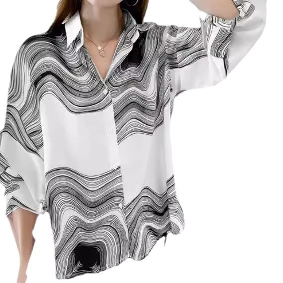 Ink Painting Cotton Linen Long Sleeve Blouse