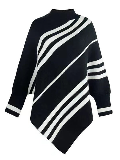 Half Turtleneck Pullover Sweater Striped Batwing Sleeve Shawl