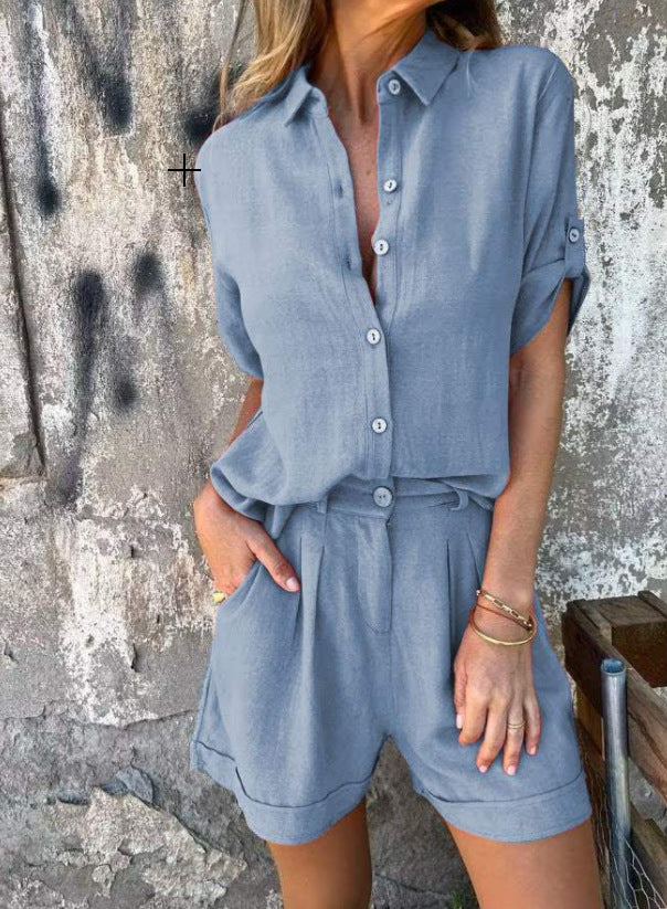 Spring And Summer New Cotton And Linen Short-sleeved Shorts Casual Suit Women