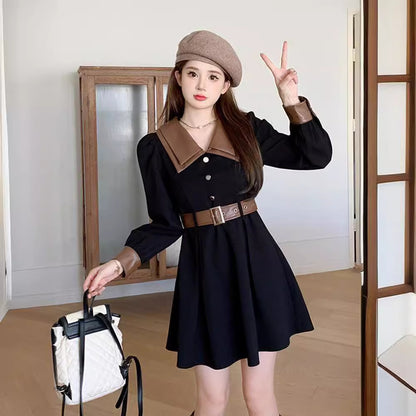 Corduroy Retro Long Sleeve Waist Dress