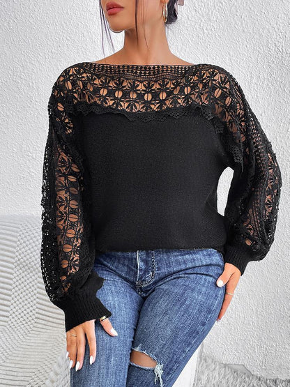 Off-neck Embroidered Sweater European And American New French Sweater Lace Hollow Pullover Long Sleeve Sweater