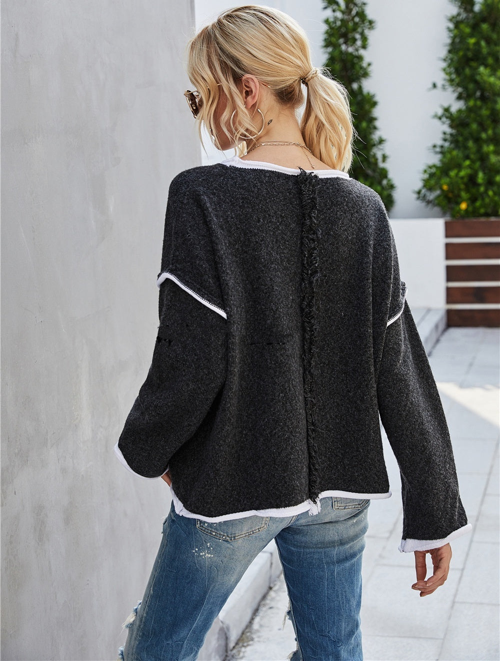 Women's Plus Size Back Tassel Sweater Round Neck Sweater