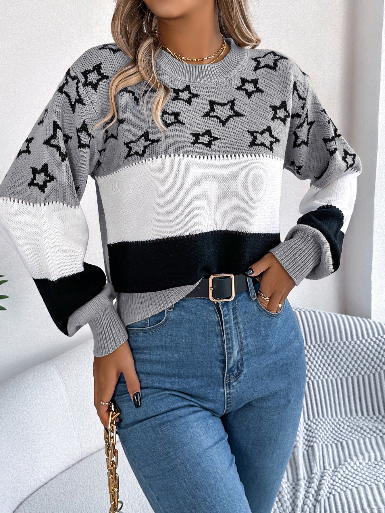 Casual Multicolor Star Hollow Lantern Sleeve Pullover Sweater