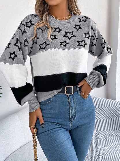 Casual Multicolor Star Hollow Lantern Sleeve Pullover Sweater