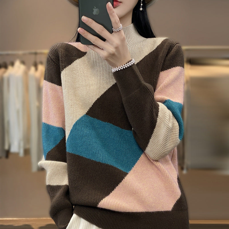 Long Sleeve Half Turtleneck Loose Diamond Color Matching Knitted Bottoming Shirt