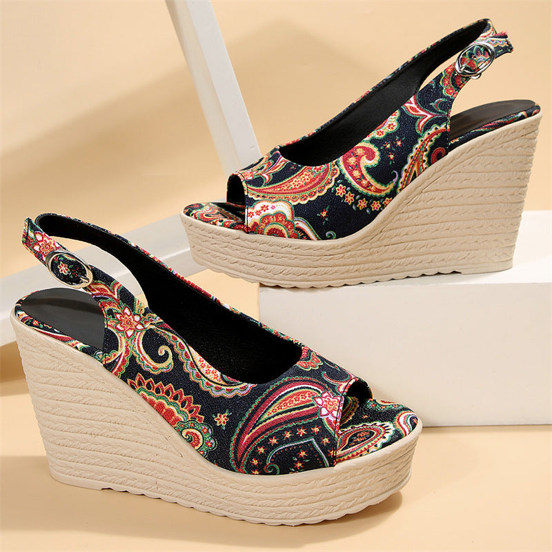 Ankle-strap Buckle Peep Toe Wedge Platform Printed Women's Sandals