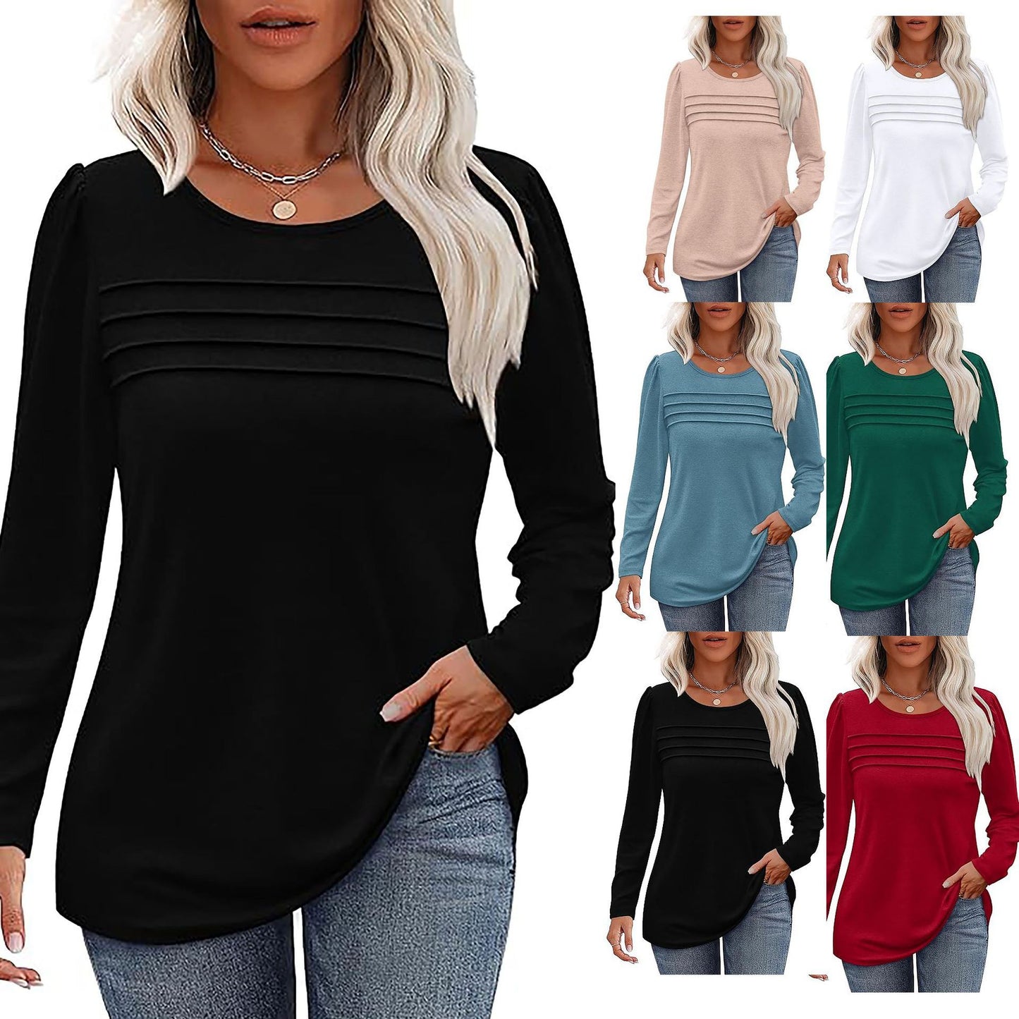 Women's Loose Round Neck Pleated Long-sleeved T-shirt