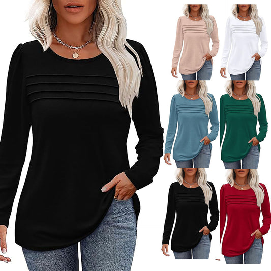 Women's Loose Round Neck Pleated Long-sleeved T-shirt