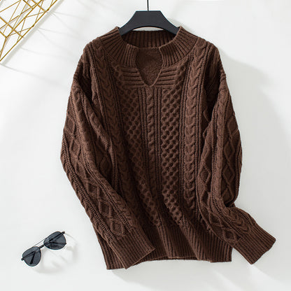 European And American Twist V-neck Loose Casual Knitted Sweater For Women