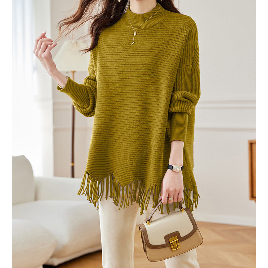 Mid-length Tassel Cape Sweater Half Turtleneck Autumn Winter Sweater