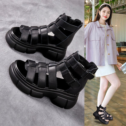 Female Leather Hollow-out Platform Retro Stylish Women's Sandals