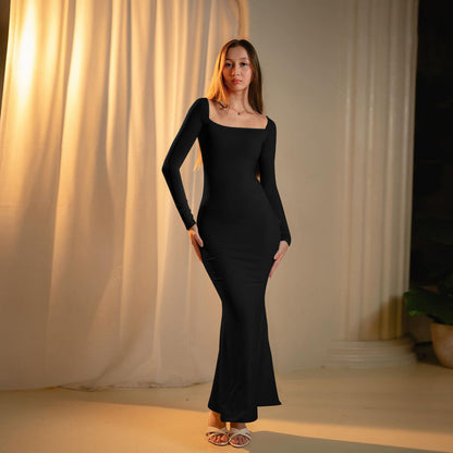 YJ24363 Square Collar Slimming Elegant Black Dress Women