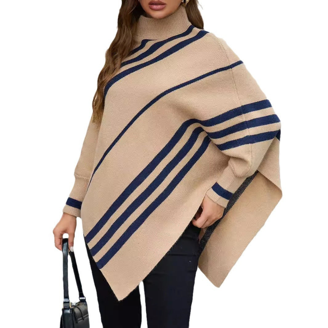 Half Turtleneck Pullover Sweater Striped Batwing Sleeve Shawl