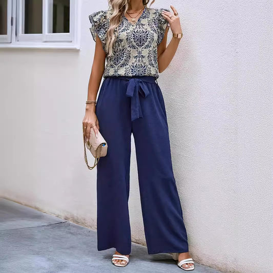 Fashionable Temperament V-neck Floral Top Belt Wide Leg Pants Suit