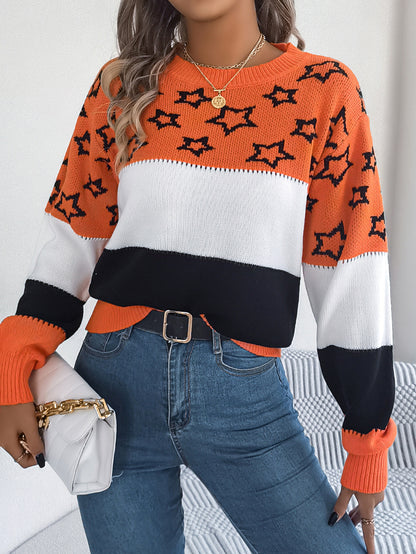 Casual Multicolor Star Hollow Lantern Sleeve Pullover Sweater