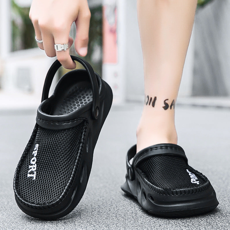 Mesh Sandals Half Pack Casual Bird's Nest Hole Shoes Men's Beach Lazy Half Slippers Plus Size