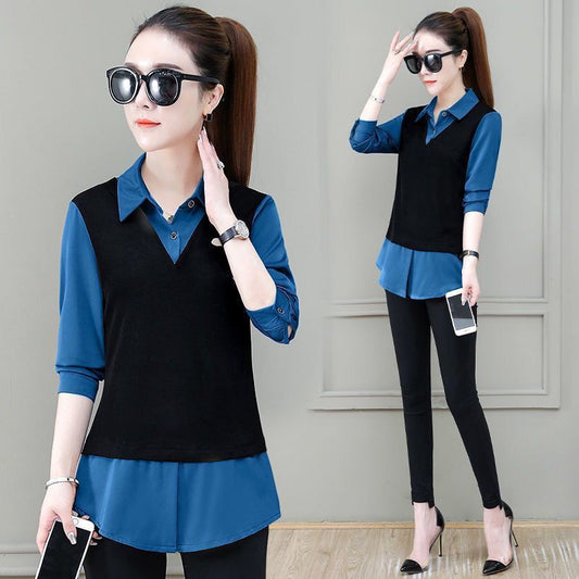 Fake Two Pieces Shirts Women's Top Slimming Slim Fit