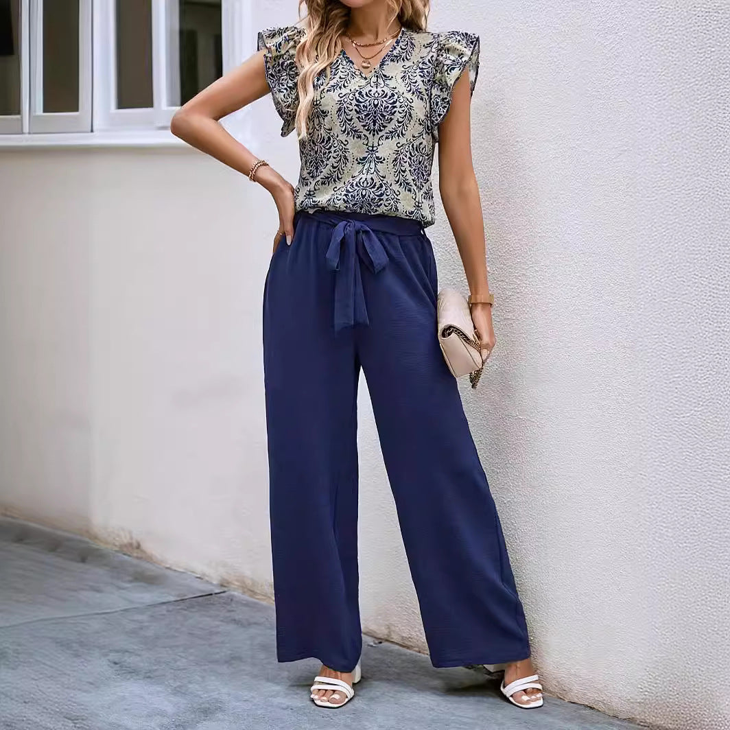 Fashionable Temperament V-neck Floral Top Belt Wide Leg Pants Suit