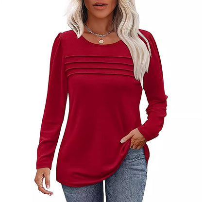 Women's Loose Round Neck Pleated Long-sleeved T-shirt